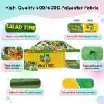 Fabric details of the canopy tent highlighting UV, waterproof, and reinforced stitching.