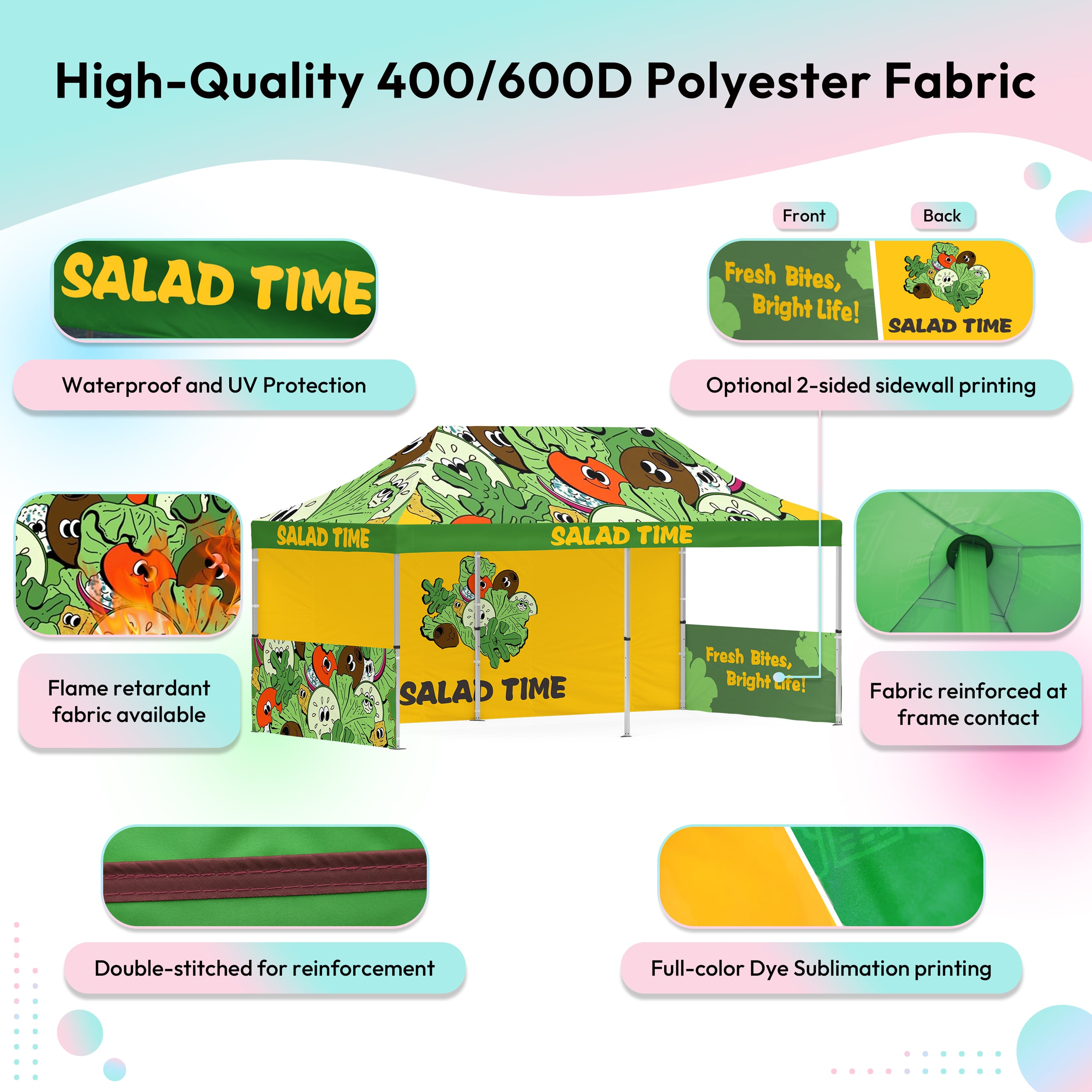 Fabric details of the canopy tent highlighting UV, waterproof, and reinforced stitching.