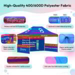 Fabric details of the canopy tent highlighting UV, waterproof, and reinforced stitching.