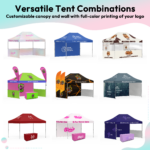 Variety of custom canopy tent designs in different color schemes and branding styles.