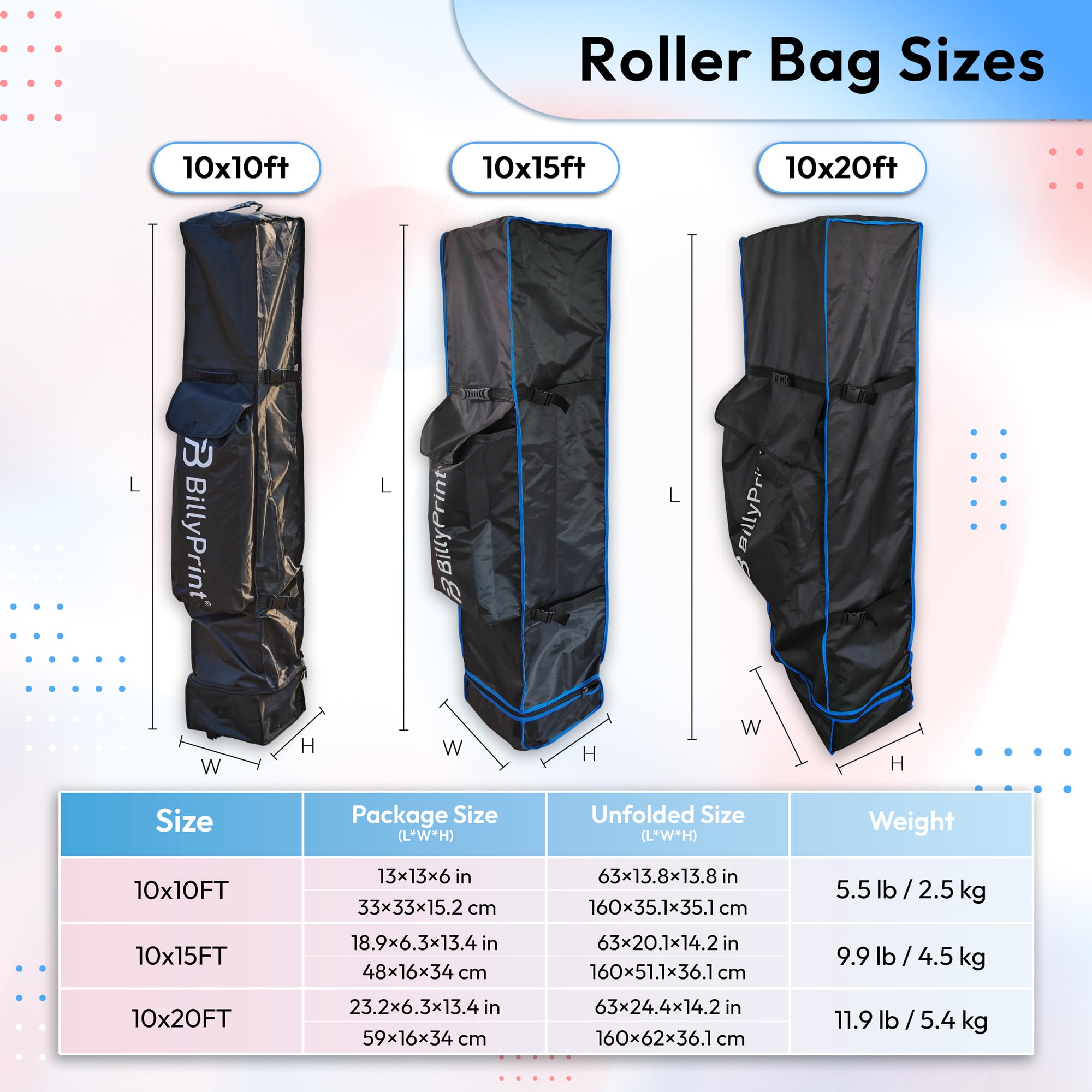 Roller Bag Size Comparison for Canopy Tents in 10x10ft, 10x15ft, and 10x20ft options