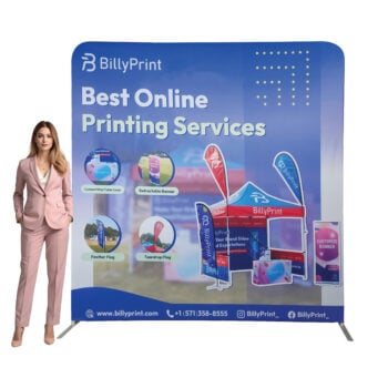 High-quality printing guidelines for a Custom Tension Fabric Display showing color requirements and image resolution tips.