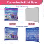 Single-sided and double-sided printing options for Custom Tension Fabric Displays with pillowcase-style covers.