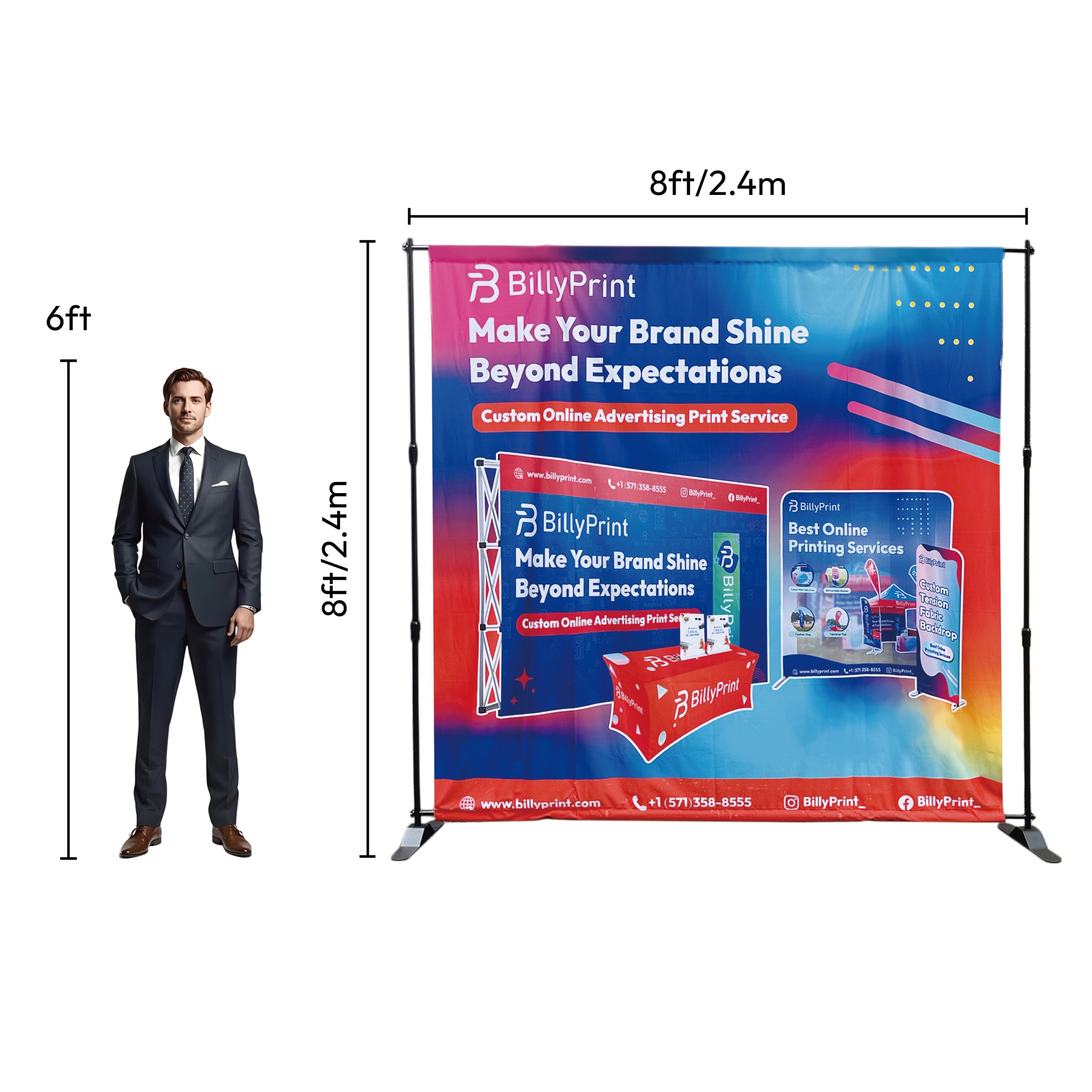 Step and repeat banner 8x8 ft frame compared to a 6 ft person to show full backdrop coverage.