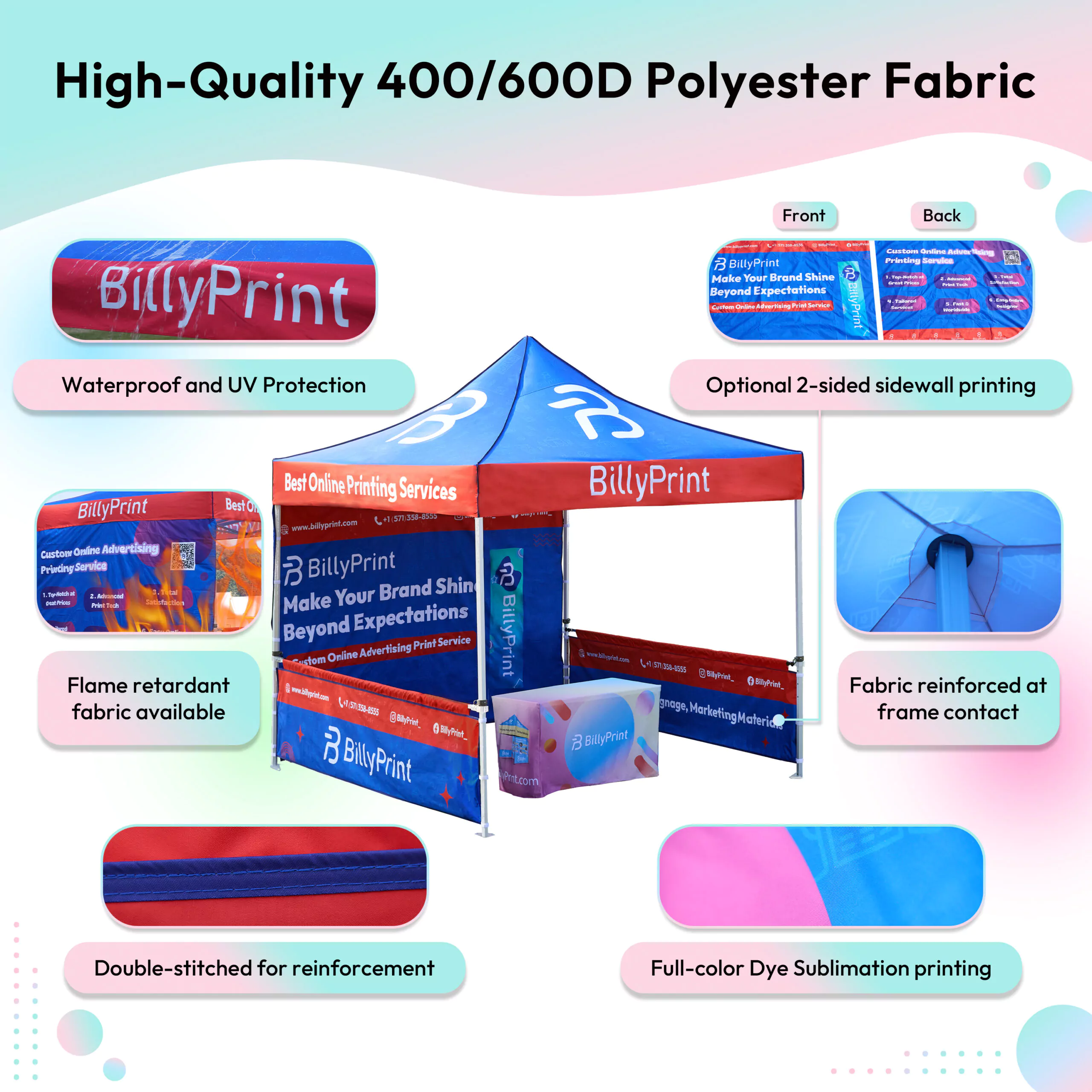 Durable waterproof and UV-protected polyester fabric for custom canopy tents.