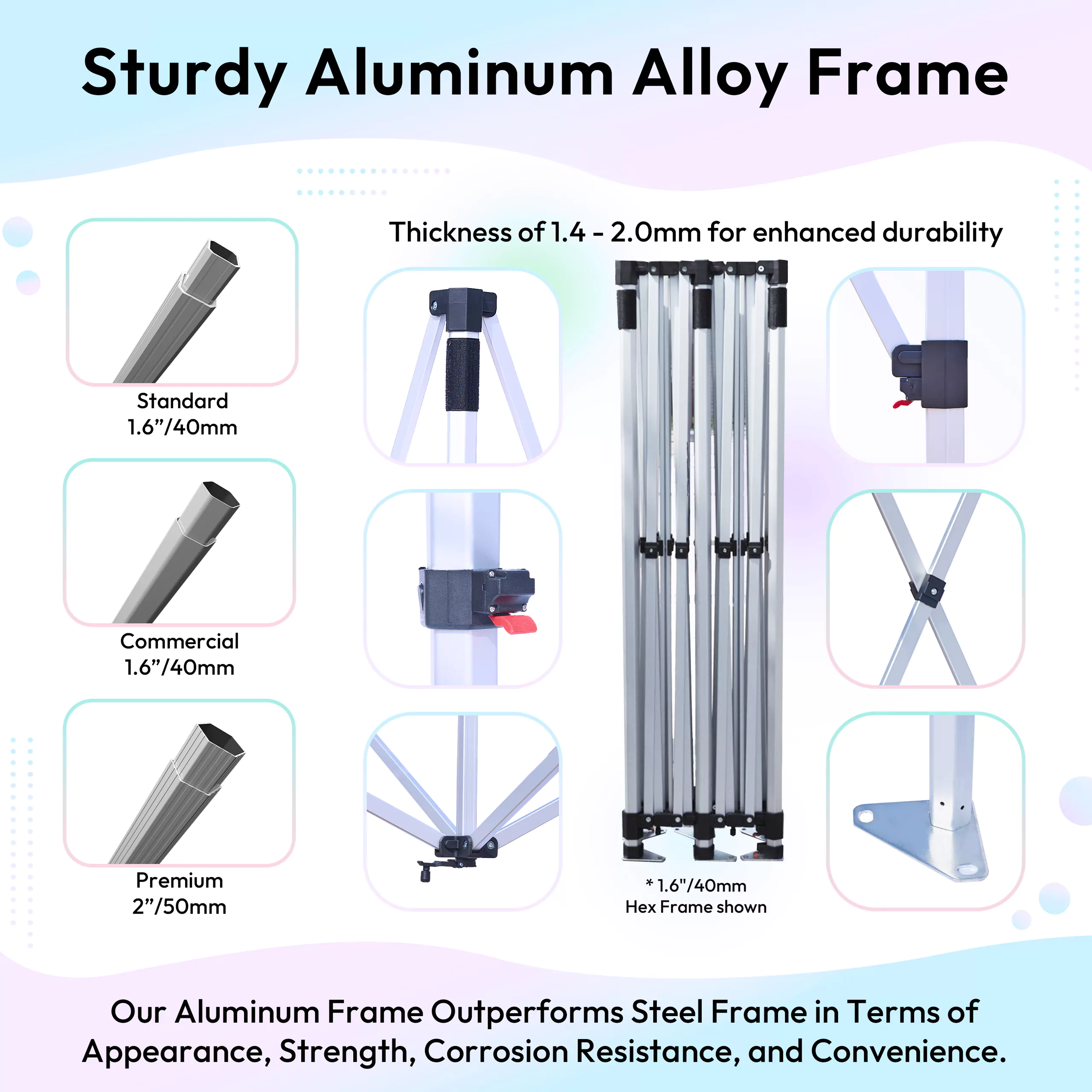 Sturdy aluminum alloy frame options for the 10x20 canopy tent package, available in standard, commercial, and premium grades.