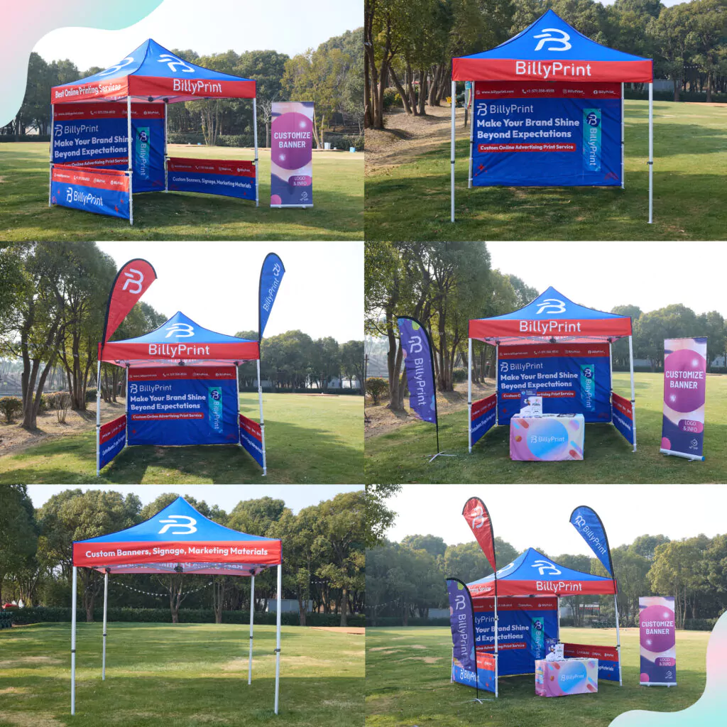 Custom Pop Up Tents 10 x 10 for Durable and Easy Outdoor Shelter Solutions 3 Multiple views of custom pop up tents 10 x 10 with full print canopy, banners, and accessories set up in an outdoor park.