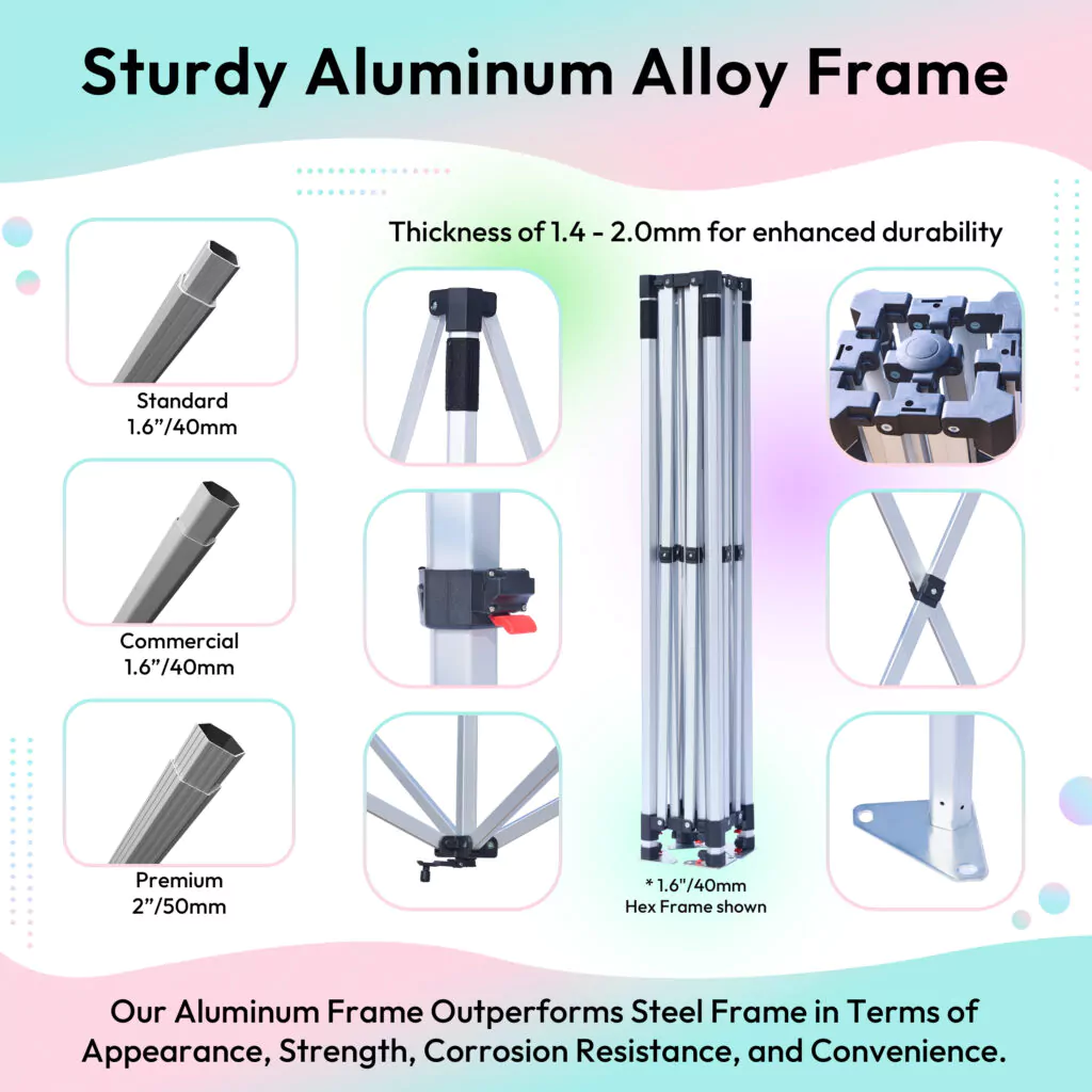 Custom Pop Up Tents 10 x 10 for Durable and Easy Outdoor Shelter Solutions 5 Aluminum alloy frame details for custom pop up tents 10 x 10, showing pole thickness, joint design, and structural strength.