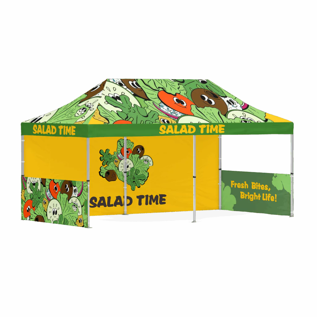 Custom Canopy Tent Sizes for Sale: Discover 3 Stunning Options for Every Event 3 10x20 custom canopy tent from our custom canopy tent sizes for sale, featuring playful salad-themed graphics