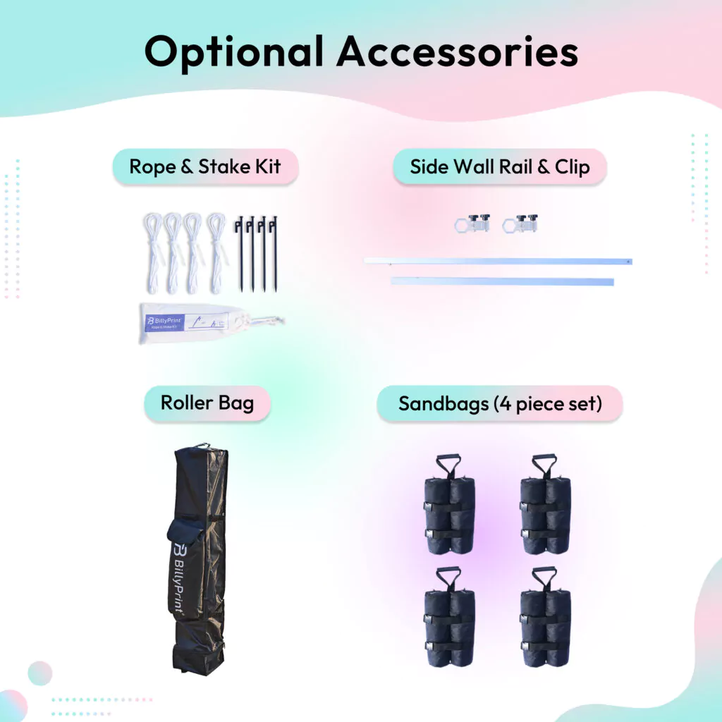 Optional accessories for custom canopy setup including rope and stake kit, side wall rail and clip, roller bag, and 4-piece sandbag set.