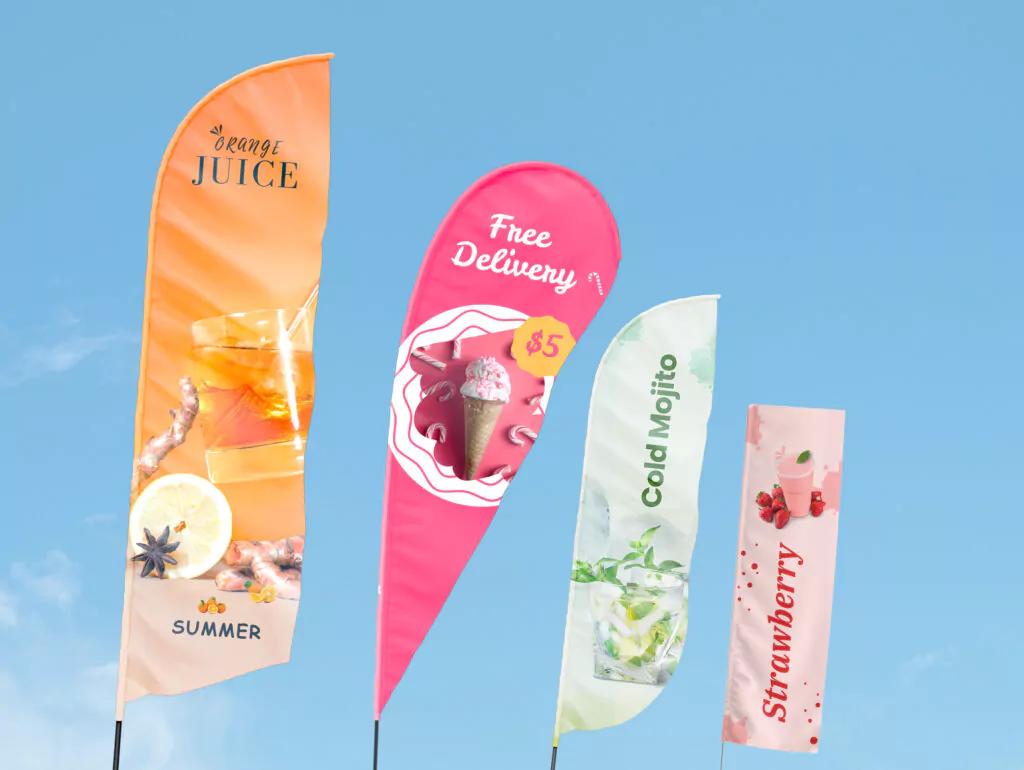 Tent flags and custom canopy tent flags in feather, teardrop, and rectangular shapes, perfect for outdoor branding and events.