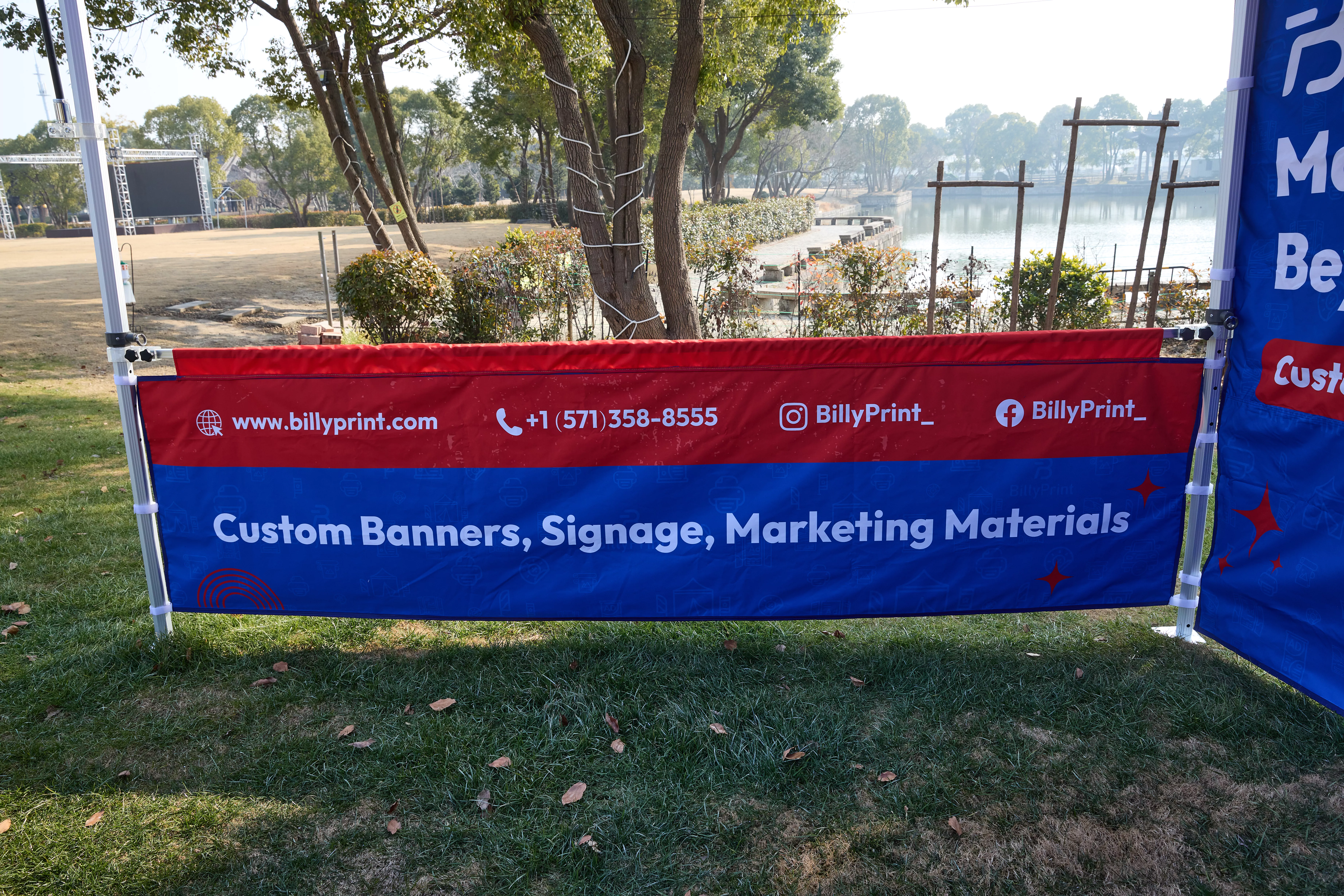 BillyPrint best custom canopy tent rail banner displaying contact info and marketing message