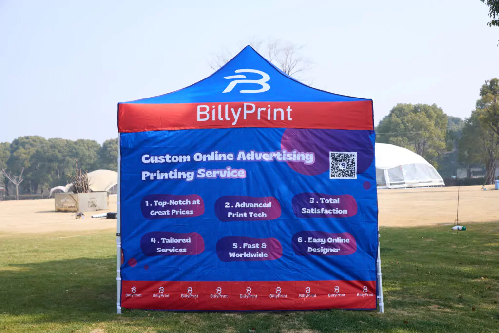 BillyPrint Logo Brand Canopy with promotional messages displayed on the side.
