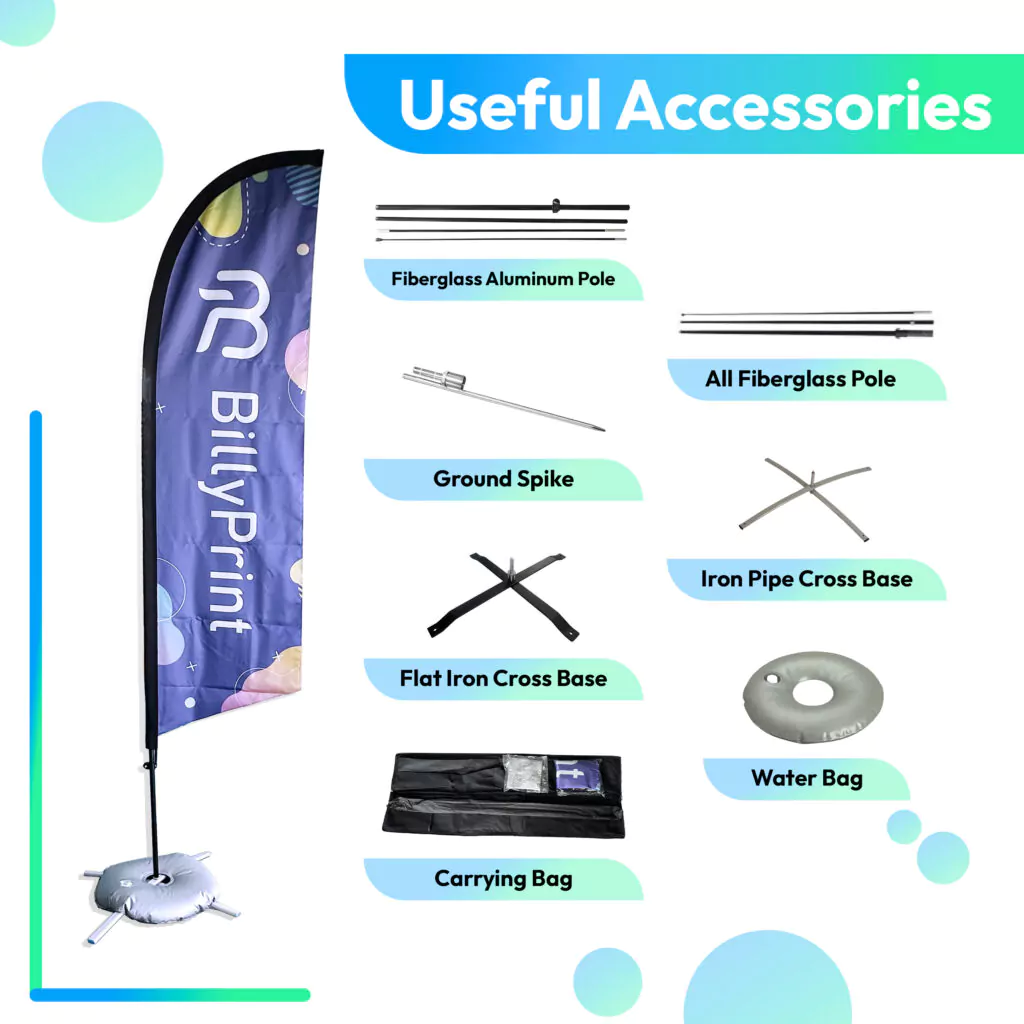 10 Reasons Why Custom Vertical Flags Are the Best Outdoor Advertising Solution 6 Custom vertical flags useful accessories including bases, poles, and carrying bag