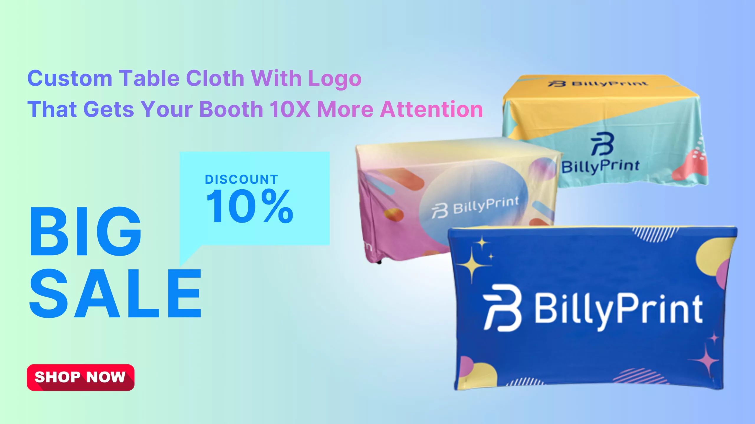 Custom table cloth with logo – BillyPrint promotional banner showing colorful branded table covers and 10% discount