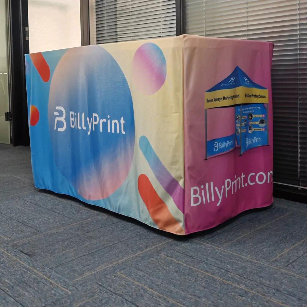 Full-color printed custom size table cover by BillyPrint covering a rectangular table.